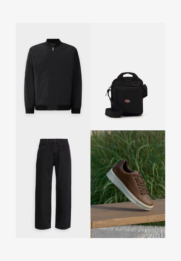 Sort bomberjakke med lynlås, ribstrikkede manchetter og et glat, let materiale med mat overflade.; Hvid bomulds t-shirt med korte ærmer, rund halsudskæring og lige pasform. Glat tekstur uden synlige mønstre eller detaljer.; Sorte denim bukser med bred benlængde og høj talje, der har fem lommer og knaplukning. Stoffet har en glat tekstur og let stræk.; Brune læder sneakers med hvid gummisål, rund tå og brune snørebånd. Tekstureret greb på sålen og glat overflade på det øverste.; Sort crossbody taske med en lynlåslomme, rektangulær form, lavet af stof, med et logo patch på forsiden, justerbar skulderrem.