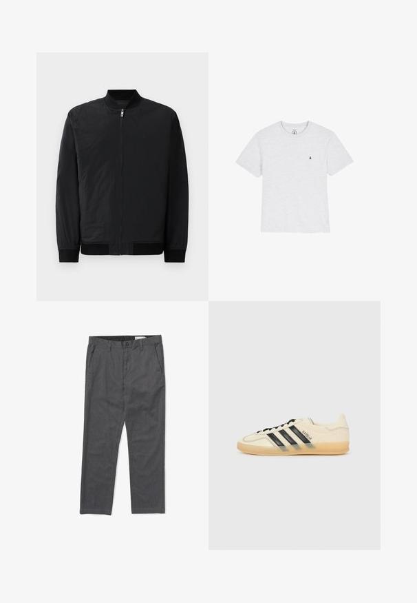 Sort bomberjakke med lynlås, ribstrikkede manchetter og et glat, let materiale med mat overflade.; Grå kortærmet t-shirt lavet af blødt stof, med rund halsudskæring og et lille sort logo på venstre bryst. Simpelt design og tekstur.; Grå bomuldsbukser med flad front, bæltestropper, sidelommer og lige bendesign med en glat tekstur.; Lys cremefarvet sneaker med sort tre-stribe-design, tekstureret overdel, rund tå og gummisål. Har snørebånd og branding på siden.