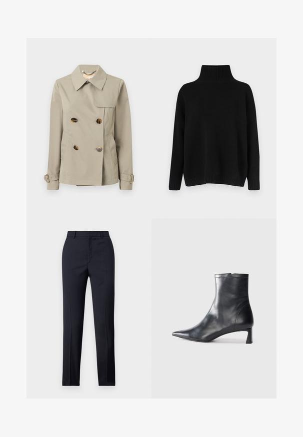 MICHAEL Michael Kors Gabardina - dusty sage; Jersey negro de punto con un cuello alto acanalado, hombros caídos y un ajuste relajado. Cuenta con puños y dobladillo acanalados para dar textura.; Pantalones de corte recto en color navy, con una textura suave, dos bolsillos delanteros y una cinturilla limpia.; Botín de cuero negro hasta el tobillo con punta afilada y un diseño elegante. Presenta un tacón bajo y un cierre con cremallera en la parte trasera. Textura suave.