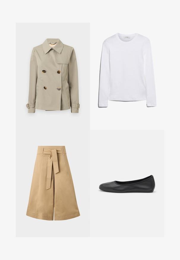 MICHAEL Michael Kors Trenchcoat - dusty sage; Wit T-shirt met lange mouwen, gemaakt van ribgebreide katoen, met een ronde halslijn en een rechte zoom. Eenvoudig ontwerp zonder patronen of accenten.; Khaki midi wikkeltaille rok met een strikceintuur, gemaakt van lichtgewicht katoen, met een uitlopende silhouet en zichtbare stiksels.; Zwarte leren ballerina met een ronde neus, gladde textuur, minimale stikdetails en een flexibele zoolontwerp.