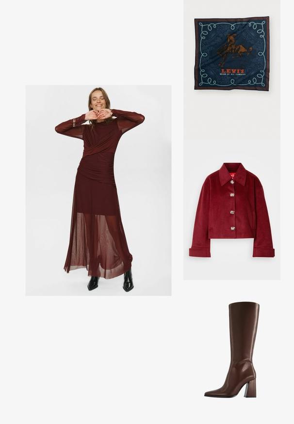 Burgundská skrátená bunda z vlnenej zmesi, s golierom, striebornými cvokmi a bočnými vreckami; hladká textúra s prispôsobeným strihom.; Dlhé bordové šaty vyrobené z priesvitnej a hladkej látky, s obopnutým živôtikom, nariasenými detailami a priesvitnými dlhými rukávmi.; Hnedá kožená členková čižma s špicatou špičkou a hrubým stredne vysokým podpätkom zobrazená z profilu na bielom pozadí.; Námornícky hodvábny šál s grafickým motívom jazdca na hnedom koni, dekoratívnym modrým lanovým vzorom a textom „LEVI’S NOSENÉ VŠETKÝMI KOVBOJMI“ v červenej farbe.; Hnedá semišová kabelka s dvoma robustnými rúčkami, obdlžníkovým tvarom a dekoratívnym pásom na prednej strane.