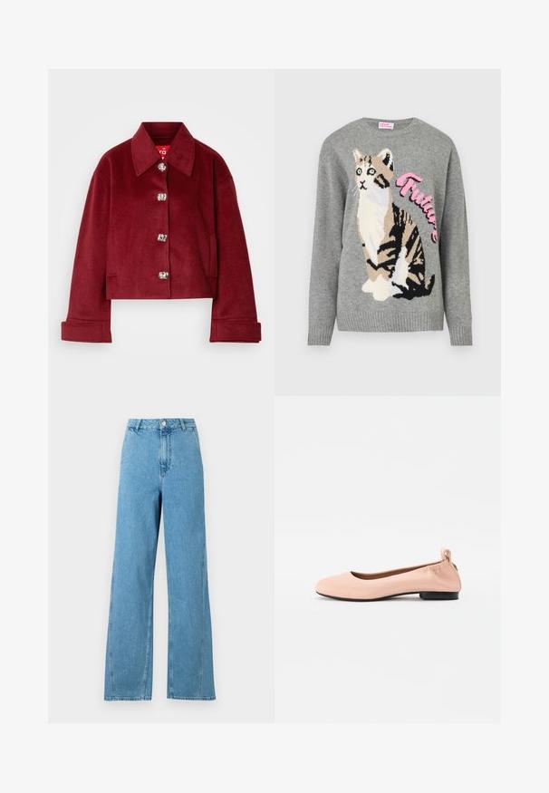 Burgundy cropped jacket in wool blend, featuring a collar, silver snap buttons, and side pockets; smooth texture with a tailored fit.; Gray knitted sweater featuring a cat graphic in black and beige, with the word "Future" in pink across the front.; Light blue wide-leg jeans featuring a high waist, five-pocket design, and metal button closure. Constructed from denim fabric with a smooth texture.; Pale pink ballet flats made of smooth material with a rounded toe, a flexible back, and a small black heel.