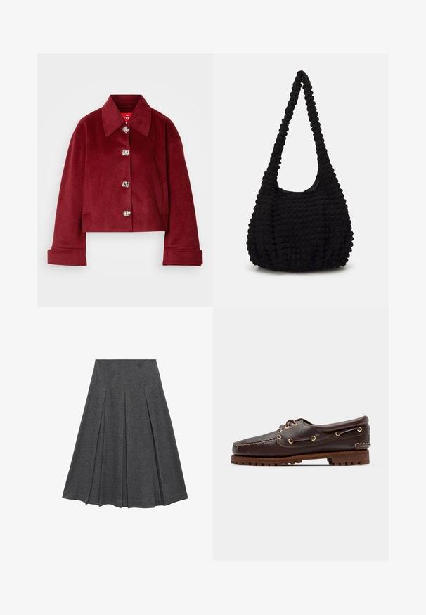 Bordeaux cropped jasje in wolmix, met een kraag, zilveren drukknoopjes en zijzakken; gladde textuur met een getailleerde pasvorm.; Gekorte button-up shirt met blauw-witte verticale strepen en een gestructureerde afwerking, spitse kraag en enkelvoudige knopen bij de manchetten.; Grijze geplooide rok met een uitlopende vorm, gemaakt van een zachte stof. Kenmerkt zich door verticale plooien en een gladde tailleband voor een strakke look.; Bruine leren bootsschoen met gouden oogjes, ronde veters en een gestructureerde bruine rubberen zool. Kenmerkt zich door gestikte details en een verhoogd logo.; Zwarte gestructureerde stoffen tas met een enkele gedraaide strap, met een puffy vorm en een geraffineerd oppervlakontwerp.