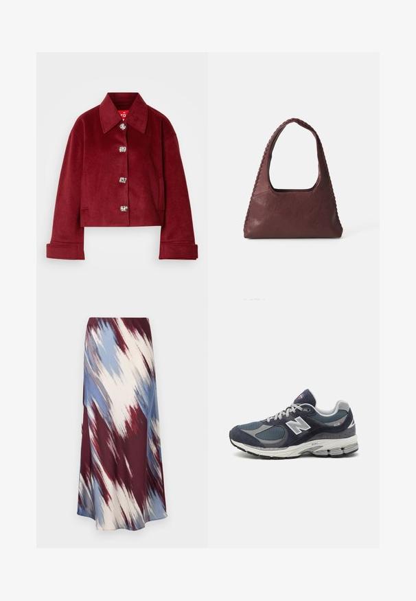 Giacca cropped bordeaux in misto lana, caratterizzata da un colletto, bottoni a pressione in argento e tasche laterali; texture liscia con una vestibilità su misura.; Polo a maniche lunghe a righe in bordeaux e bianco, con colletto, patta con tre bottoni e logo ricamato sul petto.; Gonna lunga con un motivo tie-dye diagonale nei toni del bordeaux, blu e crema, realizzata in un tessuto morbido con una silhouette fluida e una leggera lucentezza.; Sneakers New Balance con tomaia in rete e suede blu navy, dettagli grigi, logo bianco, suola imbottita e dettagli testurizzati.; Borsa in pelle bordeaux con forma triangolare, apertura superiore e dettaglio intrecciato lungo il manico. Texture liscia con finitura opaca.