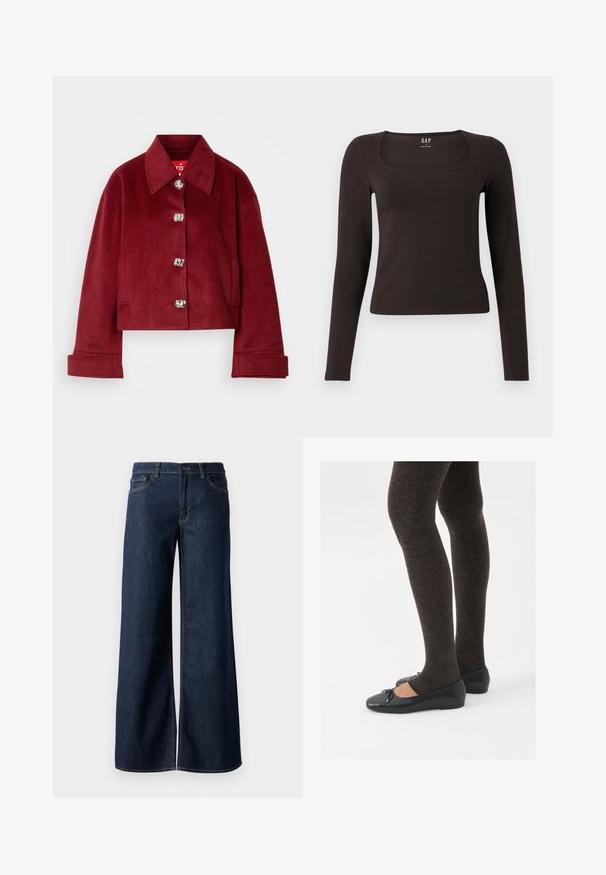 Veste courte bordeaux en mélange de laine, dotée d'un col, de boutons-pression en argent et de poches latérales ; texture lisse avec une coupe ajustée.; Haut noir à manches longues, ajusté, avec un décolleté carré, étiqueté GAP, affiché sur un fond blanc.; Jean large en denim bleu foncé. Présente des coutures contrastées, cinq poches et une fermeture par bouton à la taille. Texture lisse.; Chaussures plates noires avec un petit nœud au niveau des orteils, associées à des collants côtelés marron foncé. Les chaussures ont une texture lisse et un profil bas.
