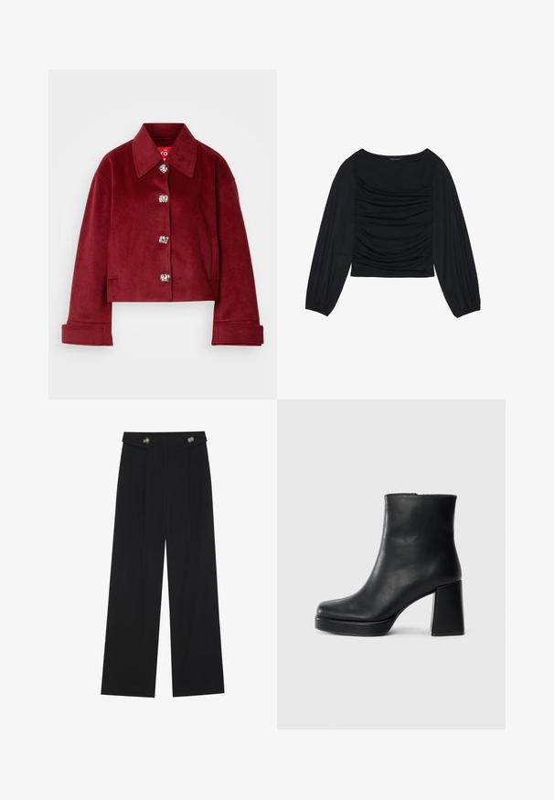 Burgunderfarbene, kurze Jacke aus einem Wollgemisch, mit Kragen, silbernen Druckknöpfen und seitlichen Taschen; glatte Textur mit taillierter Passform.; Schwarzes Langarmoberteil mit gerafftem Stoffdetail an der Vorderseite und an den Handgelenken, aus weichem, elastischem Material mit einem U-Boot-Ausschnitt.; Schwarze weite Hosen mit hoher Taille, Knopfdetails am Bund und vorderen Falten.; Schwarze Leder-Stiefelette mit Blockabsatz und Plattformsohle, seitlich auf einem schlichten weißen Hintergrund betrachtet.