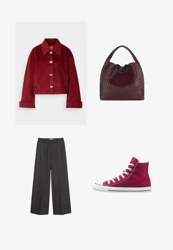 Burgundská zkrácená bunda z vlněné směsi, s límcem, stříbrnými patentkami a bočními kapsami; hladká textura a přiléhavý střih.; Šedé tričko s krátkým rukávem vyrobené z jemné texturované tkaniny; má klasický kulatý výstřih a uvolněný střih bez jakýchkoliv vzorů nebo log. ; Široké kalhoty v tmavě šedé tkanině. Mají upravený pas s poutky na pásek, hladkou strukturu a minimalistické švy.; Vysoké tenisky vyrobené z burgundské plátna s bílými tkaničkami, gumovou špičkou a černým pruhem podél podrážky. Texturované prošívání zvýrazňuje design.; Tkaná bordó kabelka s kulatým tvarem a jedním uchopem, která má texturovaný povrch a elastické stahovací šňůrky.