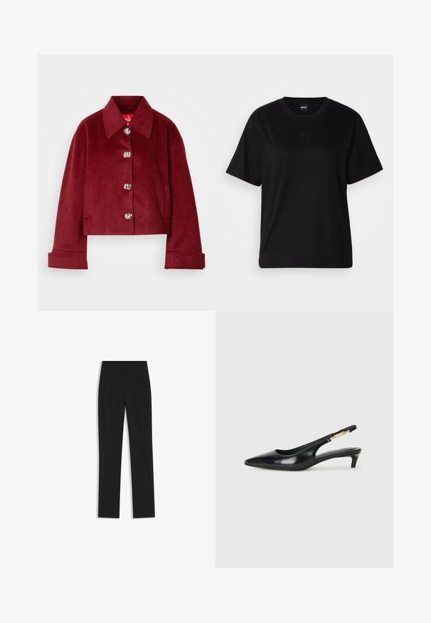 Burgundy lyhytnokkainen takki villasekoitteesta, jossa on kaulus, hopeiset napit ja sivutaskut; sileä pinta ja säädetty malli.; Musta puuvillapaita, jossa on pyöreä kaula-aukko, lyhyet hihat ja brodeerattu logo rinnassa. Yksinkertainen, rento istuvuus ilman kuvioita.; Mustat räätälöidyt housut suoran lahkeen designilla, joissa on etutaskut ja sileä, teksturoitu kangas. Siistit, minimalistiset yksityiskohdat.; Mustat nahkaiset slingback-korkokengät, joissa on terävä kärki, ohuet korot ja kultasävytteinen yksityiskohta säädettävässä hihnassa. Silkkinen pinta.