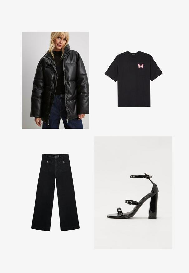 Svart vadderad jacka i kunstläder, med hög krage, tryckknappar, blixtlås framtill och vida ärmar. Bärs med en mörk topp och jeans.; Svart bomullströja med korta ärmar, med en liten rosa fjärilsgrafik på vänster bröst. Rundad halsdesign med en avslappnad passform.; Svart vida jeans med hög midja, med två framfickor och metalldetaljer i form av knappar. Tyget har en mjuk textur.; Svarta lackerade klacksandaler med fyrkantig tå, ankelremmar och silverfärgade spännen. Har en kraftig blockklack för stabilitet.
