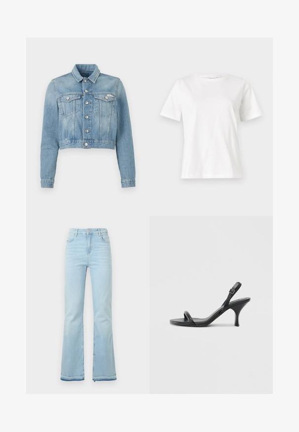 Klippt ljusblå denimjacka med långt ärm, två bröstfickor, silverknappar och en liten logotypetikett på vänster sida.; Vit bomullströja med korta ärmar, rund halsringning och en avslappnad passform. Slät textur, inga mönster eller detaljer, minimalistisk design.; Ljusblå utsvängda jeans i denim med hög midja, framfickor och rå kant vid bensluten för en avslappnad stil.; Svarta läder högklackade sandaler med en smal, böjd klack och ett korsat remdesign. Justerbar ankelrem. Slät textur.