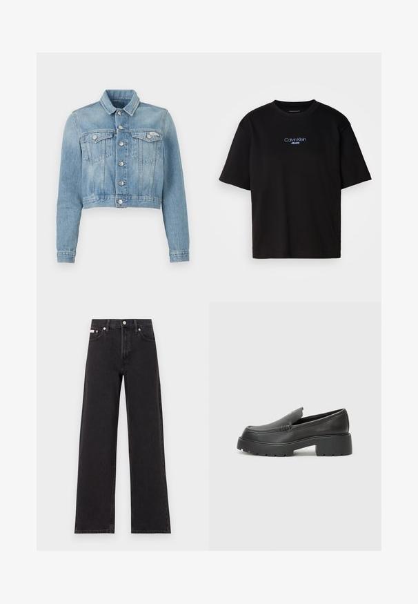 Lühendatud helesinine teksajakk pika varrukaga, kahe rinna taskuga, hõbedaste nööpidega ja väikese logo sildiga vasakul küljel.; Mustmust särk ümmarguse kaelusega, lühikeste varrukatega ja sinise tikandiga "Calvin Klein JEANS" logo ees.; Mustad laiad mustad teksad, millel on kõrge vöökoht, viie tasku stiil ja metallist nööpkinnitus kontrastsete õmblustega.; Mustad nahast loafers ümarate varvastega, paksu tekstuuriga tald ja minimaalsete õmbluse detailidega. Viimistletud disain, kus pole nähtavaid paelu ega riistu.