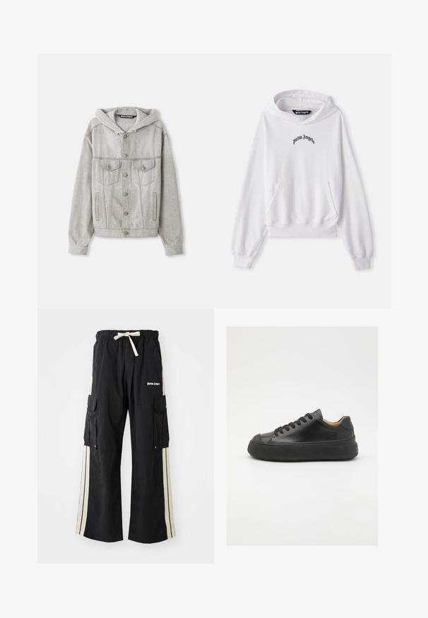 Gai pelēks denima jaciņa ar noņemamu kapuci, pogājamu priekšpusi, divām krūšu kabatām un sānu kabatām. Ievērojama šuvju redzamība un sudraba aksesuāri.; Balta kapuci džemperis, izgatavots no kokvilnas, ar priekšējo kangaroo kabatu, ribotiem piedurkņu galiem un apakšmalu. Uz krūtīm ir melns izsistais "Palm Angels" logo.; Melni kravas bikses ar elastīgu jostasvītru un auklu, ar krēmkrāsas sānu svītrām, vairākām kabatām un logotipa detaļu priekšpusē.; Melna ādas sporta kurpe ar apaļu purngalu, ar auklēm priekšā, gluda tekstūra, bieza gumijas zole un kontrastējošs brūns iekšpuses materiāls.