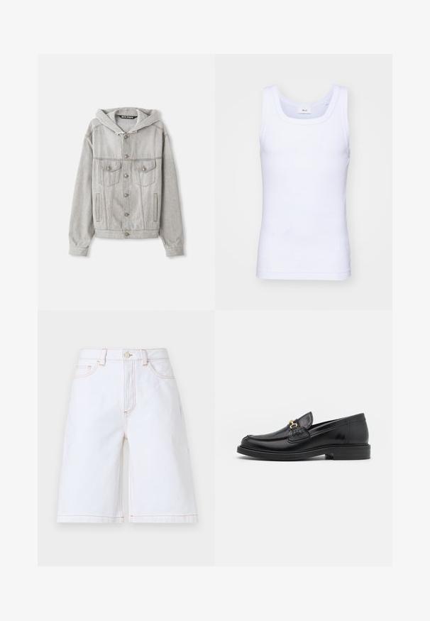 Heledhall hallide denim jakket, mille käib ära, nupuga esikülg, kaks rinnataskut ja küljetaskud. Omab nähtavat õmblust ja hõbedasi detaile.; Valge puuvillane golfi särk ilma varrukateta, ümmarguse kaelusega, sileda tekstuuri ja sobiva lõikega, mõeldud igapäevaseks kandmiseks.; Valged denimi lühikesed püksid, millel on sirge lõige, viis taskut ja kontrastne pruun õmblus. Sisaldab ees nupul ja tõmblukku.; Mustad nahast loafers ümarate varvastega, millel on kuldne riistvaraline aksessuaar ja tikandite detail, paigutatud madalale, tekstureeritud kummist tallale.