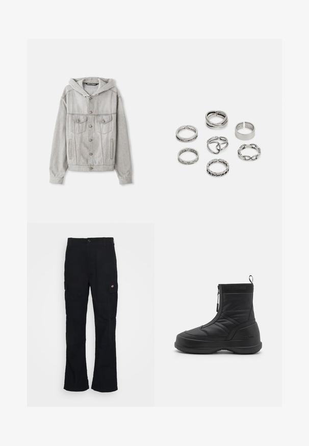 Világosszürke farmerdzseki levehető kapucnival, gombos elülső résszel, két mellzsebbel és oldalzsebekkel. Feltűnő varrásokkal és ezüst kiegészítőkkel rendelkezik.; Fehér, hosszú ujjú, pamut póló. Kerek nyakú kialakítás, bordázott mandzsetták és egy kis logó a bal ujján. Simaság jellemzi.; Fekete cargo nadrág egyenes szabású dizájnnal, tartós anyagból készült, oldalzsebekkel és bal oldalon egy foltlogóval.; Fekete vízálló hócipő sima szintetikus felsőrésszel, cipzáras záródással, párnázott gallérral és barázdált gumitalppal. A "MOON BOOT" márkázás emeli ki.; Hét ezüst gyűrűből álló szett, különböző formákkal és szélességekkel, köztük csavart, összekapcsolt és gravírozott mintákkal.
