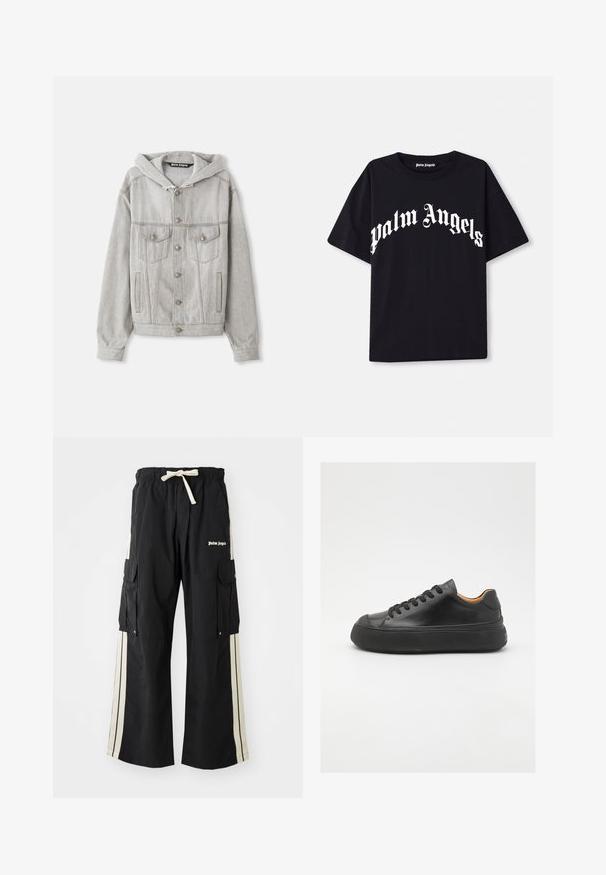 Šviesiai pilkas džinsinis švarkas su nusiimamu kapisonu, mygtukų uždarymu, dviem krūtinės kišenėmis ir šoninėmis kišenėmis. Pabrėžta siuvimo siūlės ir sidabriniai detalių elementai.; Juoda medvilninė marškinėliai su trumpomis rankovėmis ir apvali iškirpte, ant priekinės dalies pavaizduotas baltais rašmenimis užrašas "palm angels" elegantišku, išlenktu šriftu.; Juodos krovinių kelnės su elastinga juosmens juosta ir raišteliu, turinčios kremines šonines juosteles, kelis kišenes ir logotipo detalę priekyje.; Juodos odinės sportinės bateliai su apvaliu pirštu, raištelių užsegimu, lygiu paviršiumi, storu guminio pado ir kontrastinga tan spalvos vidine puse.
