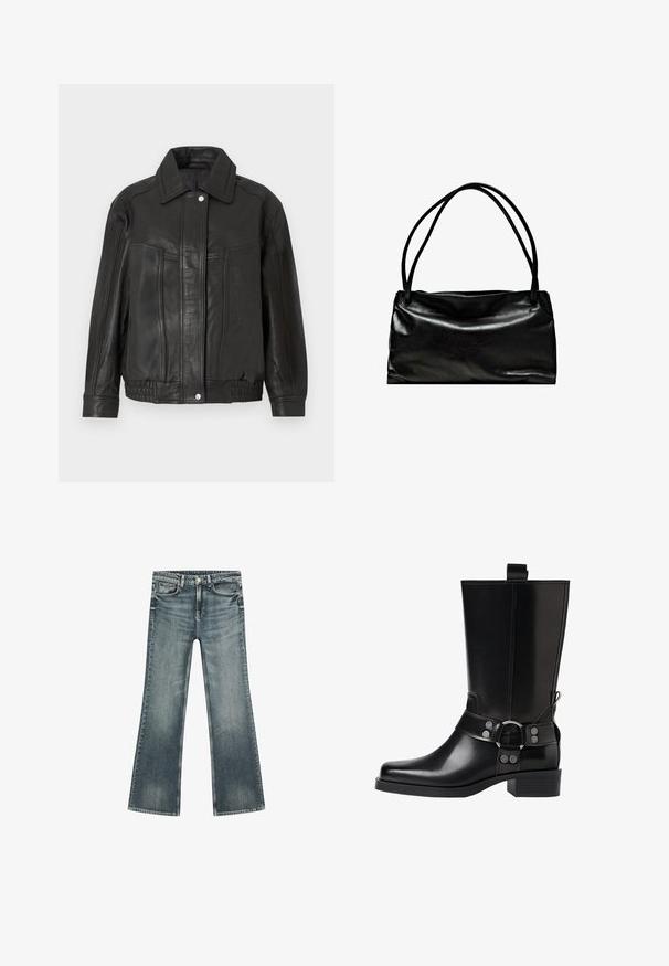 Schwarze Lederjacke mit strukturiertem Design, ausgestattet mit spitzem Kragen, Vordertaschen und gerippetem Saum. Glatte Textur und klare Linien.; Grauer Strickpullover mit V-Ausschnitt, gerippten Bündchen und lockerer Passform, getragen über hellbeigen Hosen. Glatte Textur.; Dunkelblaue Denim-Flared-Jeans mit Fünf-Taschen-Design, leichter Ausbleichung und Reißverschluss. Glatte Textur und gerade Beinform.; Schwarze Lederstiefel bis zum Knie mit spitzer Zehenform, silbernen Schnallenakzenten und einem klobigen Absatz. Verfügt über eine Zuglasche für einfaches Anziehen.; Schwarze Lederhandtasche mit einer glatten Oberfläche, rechteckiger Form und zwei langen Griffen. Einfaches Design ohne sichtbare Beschläge oder Verzierungen.