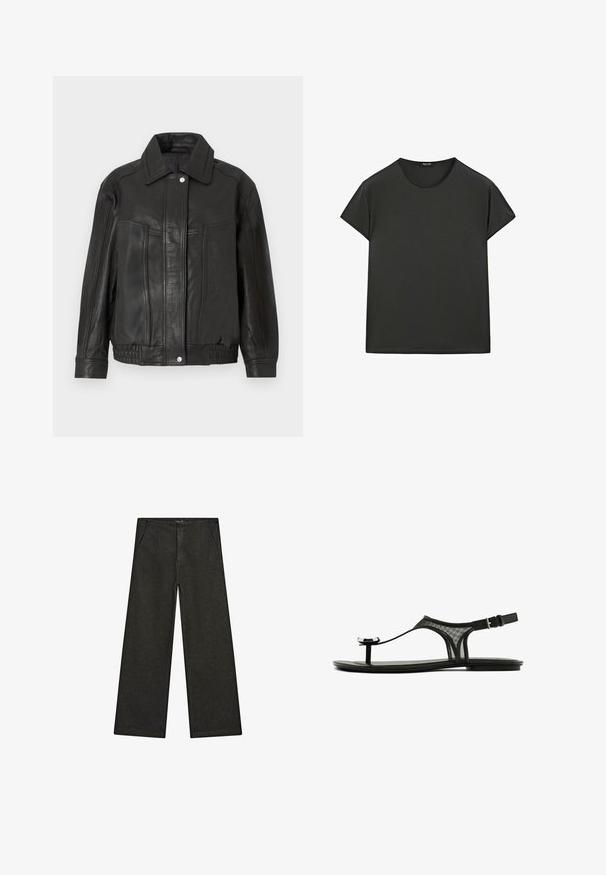 Zwarte leren jas met een gestructureerd ontwerp, voorzien van een puntige kraag, voorzakken en een geribbelde zoom. Gladde textuur en strakke lijnen.; Zwarte T-shirt met korte mouwen van zachte stof, voorzien van een ronde halslijn en een relaxte pasvorm, met schone, eenvoudige lijnen en zonder patronen.; Wijd uitlopende zwarte denim broek met een middelhoge taille, twee zijzakken en een eenvoudige, minimalistische uitstraling zonder zichtbare versieringen.; Zwarte platte sandalen met een meshband, dunne teenlus en verstelbare enkelgesp. Kenmerkt zich door een slank, minimalistisch ontwerp met glanzende accenten.