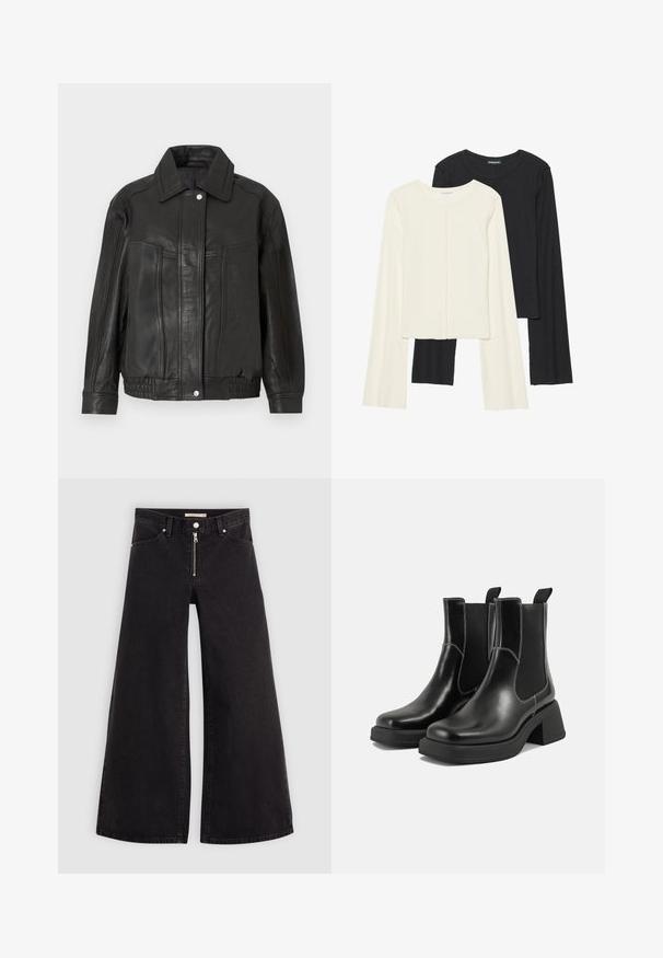Črna usnjena jakna s strukturiranim dizajnom, ki ima ovratnik z ostrim koncem, sprednje žepe in rebrast rob. Gladek tekstura in čiste linije.; Nabor dveh dolgih rokavov v beli in črni barvi. Žameten vzorec, okrogla ovratnica, prilegajoča zasnova z rahlo razširjenimi rokavi.; Široke traperice iz črnega denima z zadrgo spredaj, petimi žepi in diskretnimi šivi. Gladka tekstura in ležeren slog.; Črne usnjene Chelsea škornje s širokim petami, elastičnimi stranskimi ploščami in kontrastnim belim šivanjem. Teksturirana površina.