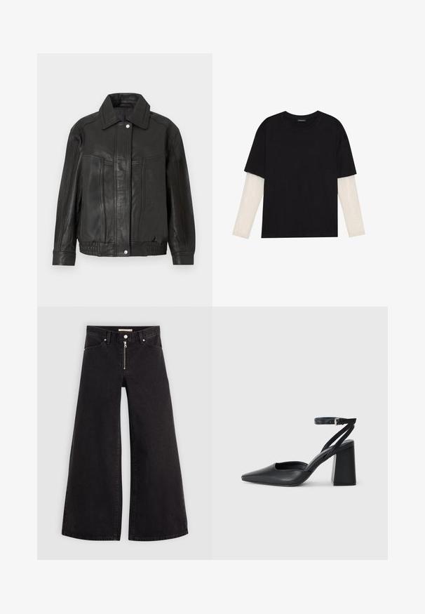 Musta nahkatakki, jossa on jäsennelty muotoilu, kapea kaulus, etutaskut ja resorireunus. Sileä pinta ja siistit linjat.; Mustapaita, joka on valmistettu puuvillasta ja jossa on lyhyet hihat valkoisen pitkähihasen kerroksen päällä, jossa on hienovarainen teksturoitu kuvio. Pyöreä kaula-aukko.; Mustat leveälahkeiset farkut, joissa on vetoketjufrunti, viisi-taskuinen muotoilu ja hienovaraiset ompelusyyt. Sileä pinta ja rento tyyli.; Mustat nahkakengät, joissa on kapea kärki, nilkkaremmi ja paksu korko. Tasainen pinta, tyylikäs muotoilu ja minimalistinen estetiikka.