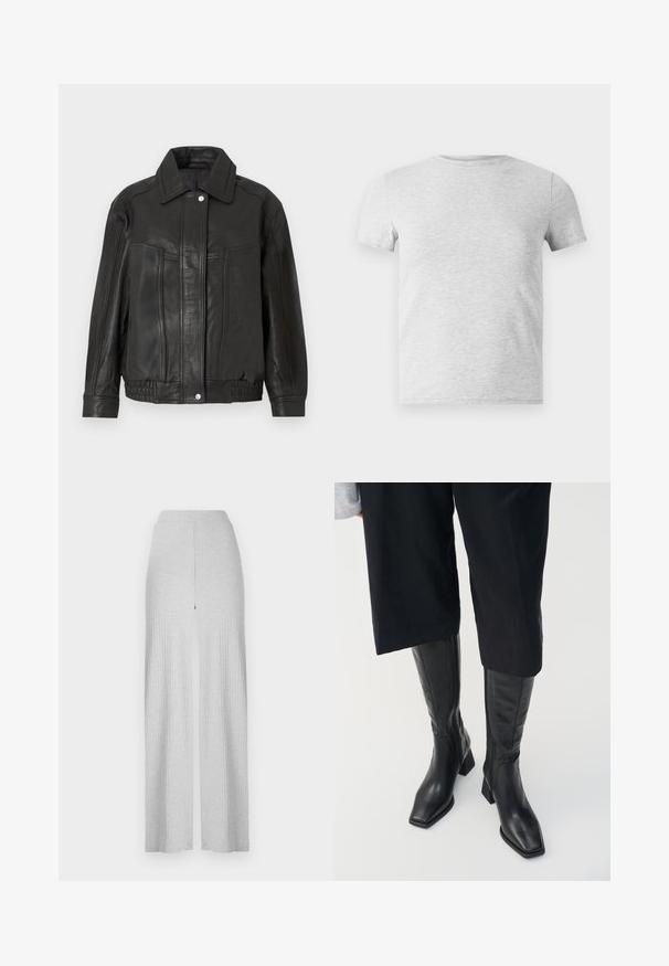 Jachetă neagră din piele cu un design structurat, având un guler ascuțit, buzunare frontale și tiv cu dungi. Textură netedă și linii clare.; Tricou gri cu mânecă scurtă, cu gât rotund, confecționat dintr-un amestec de bumbac, având o textură netedă și un design simplu, fără ornamente.; Pantaloni largi drepți gri deschis, cu un talie înaltă și o deschidere frontală. Fabricat dintr-un material moale cu o textură fină.; Cizme negre din piele până la genunchi, cu vârful pătrat și toc pătrat. Au un fermoar lateral și o textură netedă.