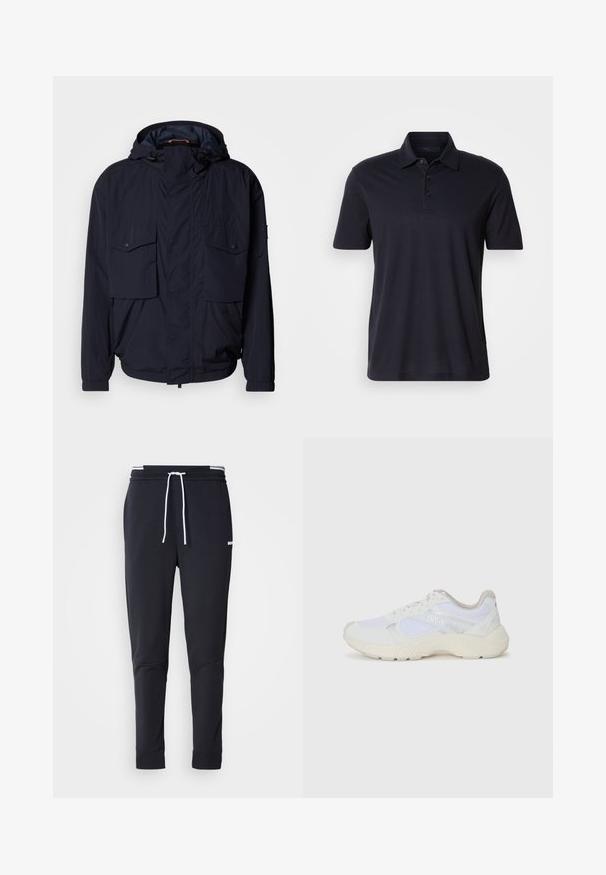 Tumehall sinine kerge jakk kapuutsiga, kahes kleeppocketis ja elastsete mansettidega. Valmistatud pehmest, tekstuuriga kangast, millel on mugav lõige.; Tumeheline lühikeste varrukatega polo särk, millel on krae ja kolme nupuga soon, esitatud heledal neutraalsel taustal.; Mustad must-fit spordipüksid valge paelaga, elastse vöökohtaga valgete triipudega ja väikese valge logoga ülemisel reiel.; Valged sportlikud jalanõud, mis on valmistatud võrkkangast ja seemisnahast, sisaldavad tekstureeritud vahetald, tekstureeritud aktsentide ning küljes oleva "HUGO" logo.