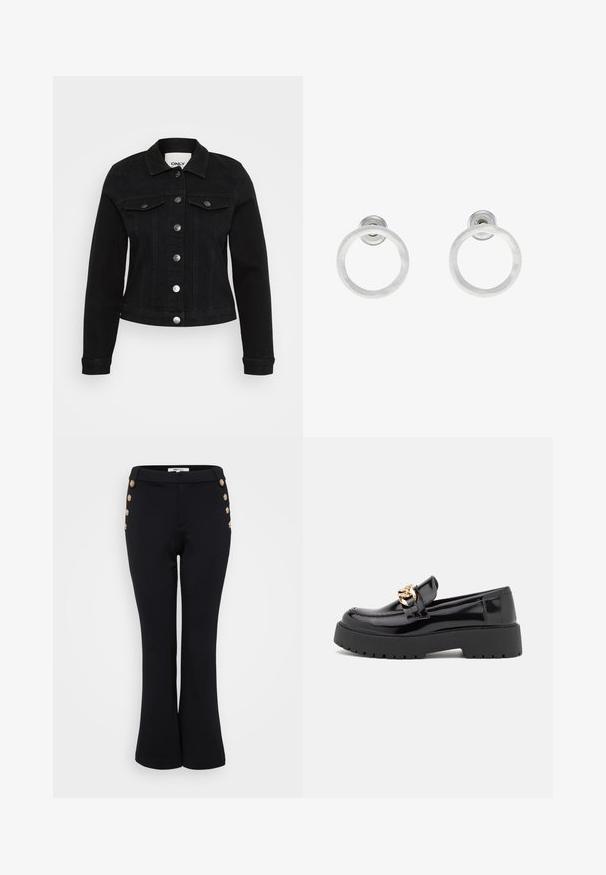 Black denim jacket with a cropped design, front button closure, long sleeves, and two chest pockets featuring silver hardware details.; Even&Odd Petite 2 PACK - Top - light grey/black; Black flared trousers made from smooth fabric, featuring gold button accents along the waist for detail and a fitted silhouette.; Black patent leather loafers with a chunky black sole and gold hardware detailing. Smooth texture and rounded toe design.; Silver metal hoop earrings with a brushed texture, featuring a circular design and a clear post back for secure wear.