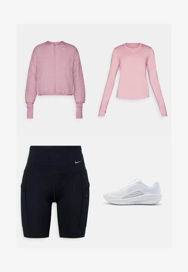 Lyserød cropped jakke med lynlås fortil, puffy tekstur, elastiske manchetter og et lille hvidt logo på øverste venstre side.; Langærmet lyserød træningsskjorte lavet af glat, letvægtsstof med rund halsudskæring og et diskret Nike-logo på brystet.; Sorte højtaljede atletiske shorts lavet af strækbart materiale; har sidelommer og et lille Nike-logo på taljen.; Hvid træningssko med mesh-overdel, rund tå og tekstureret sål. Har et sølvfarvet Nike-swoosh og et minimalistisk design.