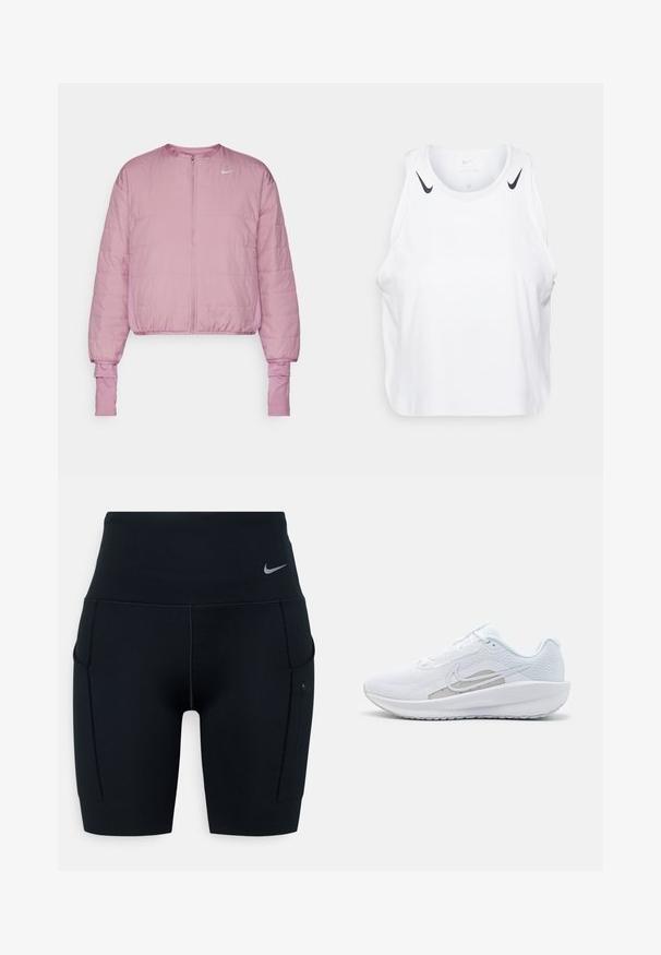 Rosa kort jacka med dragkedja fram, puffig textur, elastiska ärmslut och en liten vit logotyp på övre vänstra sidan.; Vit ärmlös linne gjord av lättviktig tyg, med svarta Nike-logotypdetaljer på axlarna, rund halsringning och avslappnad passform.; Svarta högmidjade träningsshorts gjorda av elastiskt material; har sidofickor och en liten Nike-logotyp på midjebandet.; Vit sportskor med övre del av mesh, rund tå och texturerad sula. Har en silverfärgad Nike swoosh och en minimalistisk design.