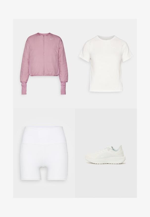 Roze cropped jack met een ritssluiting aan de voorkant, een fluffy textuur, elastische manchetten en een klein wit logo aan de bovenkant aan de linkerkant.; Lichtgewicht wit T-shirt met korte mouwen, ronde hals en een klein logo in de linkerbovenhoek. Glad stof met een subtiele glans.; Witte hoge taille shorts van rekbare stof. Kenmerken een gladde textuur en een aansluitend ontwerp, zonder extra patronen of hardware.; Witte sportschoenen met een gestructureerde bovenkant, gevoerde kraag en vetersluiting. Voorzien van een gebogen buitenzool en subtiele branding aan de zijkant.