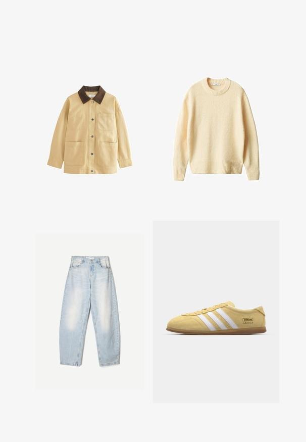 Giacca in cotone beige con colletto in velluto a coste marrone, bottoni a pressione e due tasche frontali. Ha una vestibilità comoda e maniche lunghe.; Maglione di colore crema in maglia, con collo rotondo, polsini e orlo a coste. Texture morbida con una vestibilità leggermente ampia, caratterizzato da un design semplice e pulito.; Jeans in denim azzurro chiaro con una vestibilità ampia, caratterizzati da una finitura sbiadita, due tasche frontali e una chiusura con bottone in vita.; adidas Originals GAZELLE LO PRO W - Sneakers basse - almost yellow/footwear white