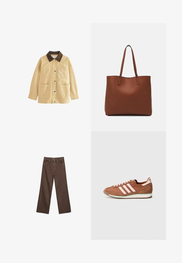 Beige katoenen jack met een bruine corduroy kraag, drukknoopsluiting en twee voorzakken. Heeft een casual pasvorm en lange mouwen.; Witte t-shirt met korte mouwen, ronde halslijn, zacht katoenmix stof, relaxte pasvorm, naadloze zoom, minimalistisch ontwerp zonder versieringen.; Brede bruine spijkerbroek van denim, met een hoge taille, voorzakken en een klassieke knoopsluiting. Soepele textuur met subtiele stiksels.; Bruin en roze Adidas sneaker met suède details, drie roze strepen aan de zijkant en een witte zool met een groene accent.; Bruine leren tote bag met een gladde textuur, een ontwerp met een open bovenkant en twee schouderbanden. Kenmerkt zich door minimale stiksels en geen zichtbare hardware.