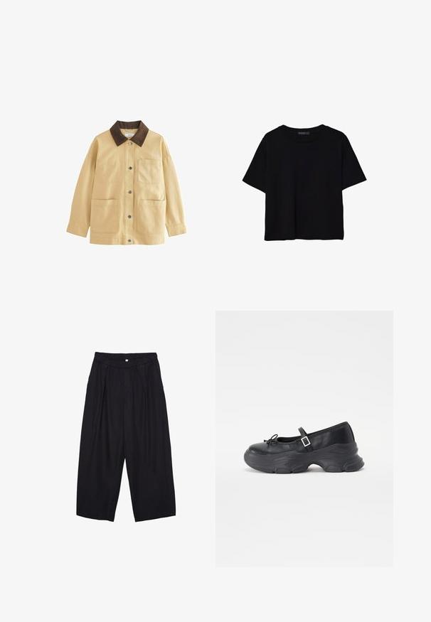 Bežová bavlnená bunda s hnedým kordovým golierom, cvokovými gombíkmi a dvoma prednými vreckami. Má voľný strih a dlhé rukávy.; Čierne tričko s krátkym rukávom vyrobené z bavlny. Má okrúhly výstrih a voľný strih s hladkou, jednofarebnou textúrou. Žiadne viditeľné vzory ani akcenty.; Čierne polyesterové culotte nohavice s elastickým pásom, dvoma prednými záhybmi a voľným strihom. Žiadne viditeľné vzory ani detaily z kovu.; Čierne kožené topánky Mary Jane s okrúhlou špičkou, detailom mašličky a nastaviteľným remienkom okolo členka. Obsahujú robustnú gumovú podrážku s zakrivenými akcentmi.