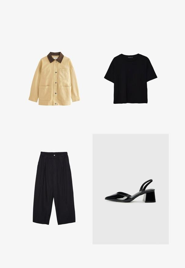 Beige puuvillane jakk pruuni sametkaeluse ja kahe esisiga taskuga. On lõdva lõikega ja pikkade varrukatega.; Mustat lyhyet hihavat t-paidat, jotka on valmistettu puuvillasta. Ominaisuuksiin kuuluu pyöreä kaula-aukko ja löysä istuvuus sekä sileä, yksinkertainen pinta. Ei näkyviä kuvioita tai koristeita.; Musta polyesterinen culotte-housut, jossa on joustava vyötärö, kaksi etupleettiä ja löysä siluetti. Ei näkyviä kuvioita tai metallisia yksityiskohtia.; Mustat patentoitu nahkakengät, joissa on säären takaosa ja terävä kärki, sekä geometrinen palikkakorko. Sisältää tyylikkään, minimalistisen muotoilun ja sileän pinnan.