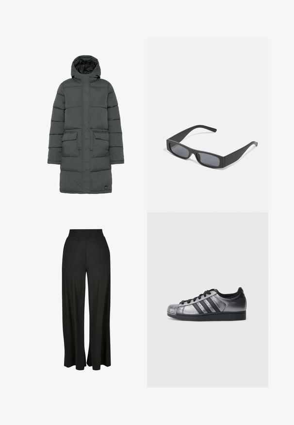 Giacca piumino grigio scuro con cappuccio, caratterizzata da un design trapuntato, due tasche frontali e chiusura con zip. Tessuto liscio e isolamento leggero.; T-shirt nera corta realizzata in tessuto a costine. Presenta un collo tondo e maniche corte. Design semplice senza motivi o accenti.; Pantaloni neri a gamba larga con texture a righe verticali e una vita alta elasticizzata. Presentano tasche laterali e un design in tessuto fluido.; Scarpe da ginnastica nere e argento metallico con punta arrotondata, tre strisce nere e tomaia testurizzata. Lacci neri e suola in gomma.; Occhiali da sole neri rettangolari con lenti scure e montatura spessa opaca. Le asticelle sono leggermente affusolate con una texture liscia.