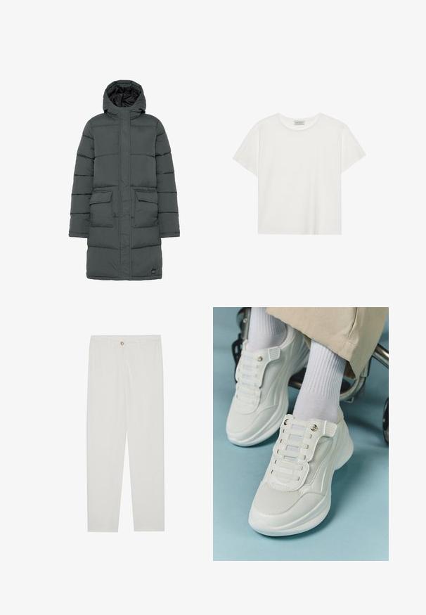 Mørk grå pufferjakke med hætte, udstyret med en kviltet design, to frontlommer og lynlåslukning. Glat tekstur og let isolering.; Hvid kortærmet T-shirt lavet af blødt bomuld. Har en rund halsudskæring og en afslappet pasform. Rent design uden synlige mønstre eller accenter.; Hvide, skrædderlavede bukser med lige ben design, udstyret med knaplukning, bæltesløjfer og sidelommer; glat stoftekstur.; Hvide sneakers med mesh-materiale, gummisål, snørebåndsfri design med elastiske bånd og guldtonede accenter.