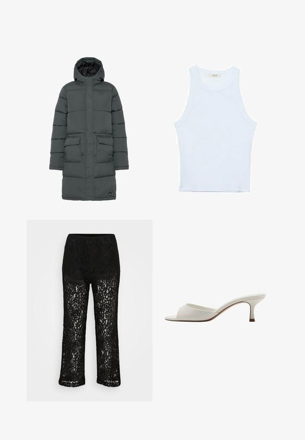 Mørk grå pufferjakke med hætte, udstyret med en kviltet design, to frontlommer og lynlåslukning. Glat tekstur og let isolering.; Hvid tanktop, ribbet tekstur, rund halsudskæring, ærmeløs design, tætsiddende form, diskret branding på mærket inden i kraveområdet.; Sorte blonde viddebukser med uigennemsigtig underbuksefor, blomster mønster og elastisk talje på ensfarvet baggrund.; Hvide åbne højhælede mules med en glat finish, minimalistisk design og en slank hæl, der har en subtil brun accent på sålen.