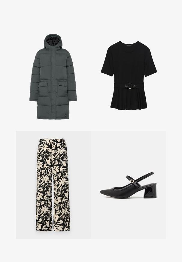 Temno siva puffasta bunda s kapuco, z nizom kvadratov, dvema sprednjima žepoma in zadrgo. Gladka tekstura in lahka izolacija.; Črn kratek rokav srajca iz gladkega materiala, z obliko pepluma in pasom s pasom ter dvema okroglega srebrno-toniranima gumboma.; Črne široke hlače z kremnim cvetličnim vzorcem. Narejene so iz lahkega blaga, ki ima gladko teksturo in visok pas.; Črne patentne usnjene salonarce s slingback obliko, s koničastim nosom, zaobljenim izrezom in blok peto. Imajo zlato kovinsko zaponko kot dodatno okrasje.
