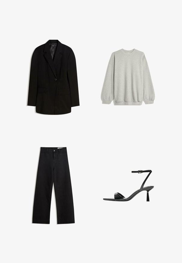 Mustat bleiseri, joka on valmistettu sileästä kankaasta, varustettu yksittäisellä napilla, kahdella etutaskulla ja viilloteteisellä kauluksella.; Harmaa huppari, joka on valmistettu pehmeästä kankaasta. Siinä on pyöreä kaula-aukko, pitkät hihat elastisilla hihoilla ja rento istuvuus. Ei kuvioita tai korostuksia.; Mustat leveät farkut korkealla vyötäröllä, joissa on etu- ja takataskut, ommellut saumat ja nappisuljenta. Silkinoinen rakenne.; Bershka Korolliset sandaalit - black