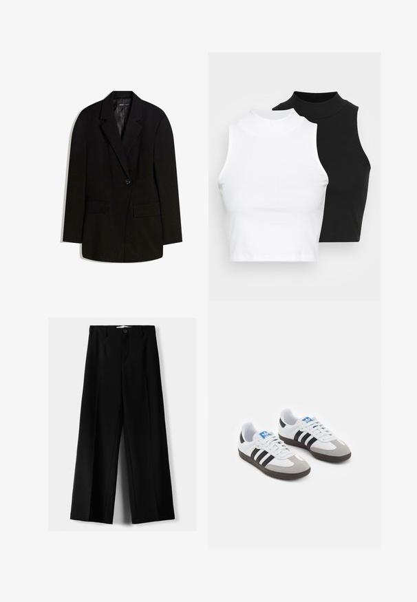 Fekete blézer sima anyagból, egyetlen gombos záródással, két elülső zsebbel és hajtott gallér kialakítással.; Két ujjatlan, bordázott garbós top fekete és fehér színben, testhezálló kialakítással és sima textúrával, rövidített hosszal.; Fekete, bő szárú nadrág, könnyű anyagból, elöl gombos záródással és sima elfröccsenésű fazonnal, szépen varrott szegélyekkel.; Fehér bőr felsőrészes sportcipő, szürke velúrból készült orral és három fekete csíkkal. Jellemzője a kék logó a nyelvén és egy texturált gumitalp.