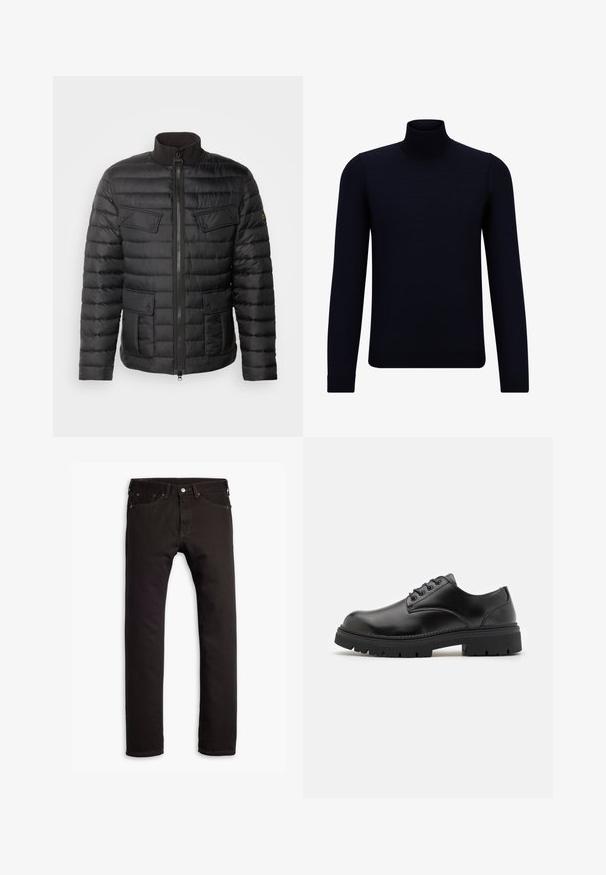 Barbour International ARIEL PUFFER JACKET - Light jacket - black; Dark navy turtleneck sweater made of fine knit fabric, featuring long sleeves and a fitted, high neckline. No visible patterns or accents.; Black slim-fit jeans with five pockets and button closure, displayed flat on a white background.; Black leather shoes with a rounded toe, lace-up design, and a thick, textured rubber sole. Features stitching along the edge and a smooth finish.