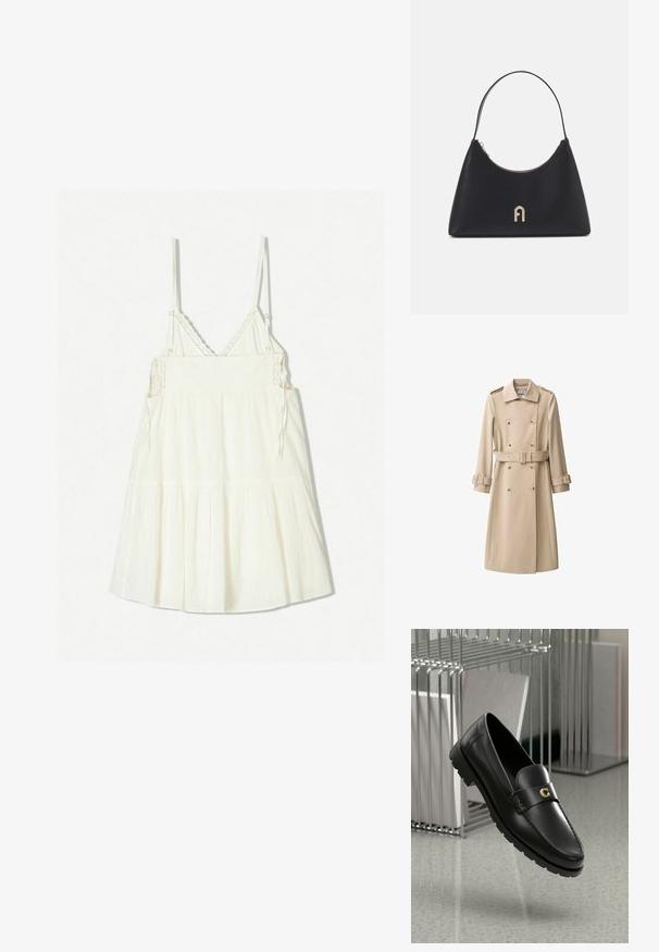 Beige trenchcoat med dobbeltknaplukning, bælte i taljen og skulderepauleter. Lange ærmer med justerbare manchetter, glat stof.; Hvid, ærmeløs kjole med justerbare spaghetti-stropper, et tekstureret stof og lagdelte flæser i kanten. Detaljerede hæklede accenter ved udskæringen.; Sorte læder loafers med en hævet søm, guld accentlogo og tekstureret rem. Har en tykk, holdbar gummisål.; Sorte læderhandbag med en buet form, et kort håndtag, guldfarvet hardware og en lynlås på toppen. Har en logo-besætning foran.