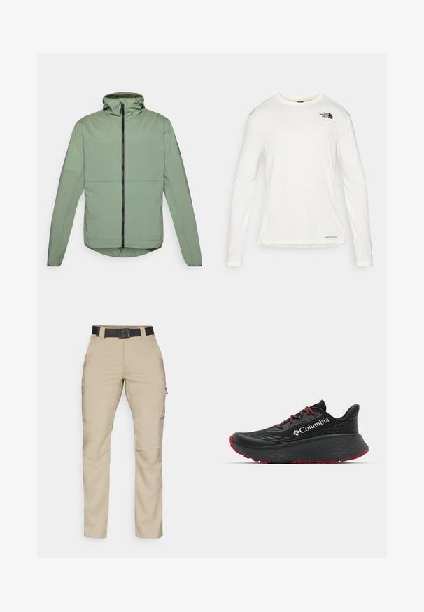 Hele roheline, kapuutsiga jakk, millel on eesneed ja pikad varrukad ning ümar äär. Valmistatud siledast, kergekaalulisest materjalist.; Valge pika varrukaga särk ümmarguse kaelusega, tekstuuriga kangas, must logo vasakul õlal ja peen bränding alt. ; Bežid cargo püksid mitmete taskutega, must reguleeritav vöö ja sirge jalgade disain. Valmistatud kergest ja vastupidavast kangast.; Mustan värvi spordijalats tekstuuriga pealisega, punaste paelte ja logoga. Paksem tallaga, millel on mustritooted kaheksast edasi liikumiseks. Minimalistlik disain, külgvaade.