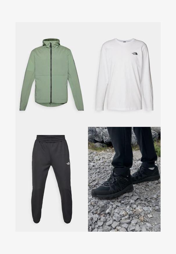 Jasnozielona kurtka z kapturem, z suwakiem z przodu, długimi rękawami i zaokrąglonym dołem. Wykonana z gładkiego, lekkiego materiału.; Biała koszulka z długim rękawem wykonana z bawełny, z okrągłym dekoltem. Posiada małe czarne logo na piersi. Gładka faktura, regularny krój.; Czarne dresy z elastycznym paskiem w talii, zwężanym krojem, elastycznymi mankietami i małym białym logo na lewej udzie, wykonane z gładkiego materiału.; Czarne buty outdoorowe wykonane z siateczki i materiału syntetycznego, z fakturowaną cholewką, zabezpieczonym systemem sznurowania i solidną podeszwą, na skalistym terenie.