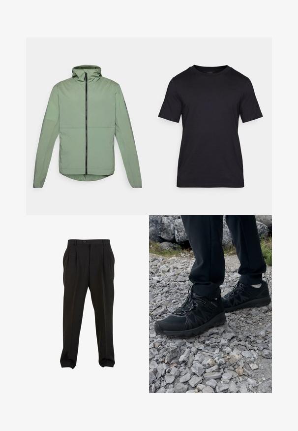 Vaaleanvihreä huppari, jossa on edessä vetoketju, pitkät hihat ja pyöristetty helma. Valmistettu sileästä, kevyestä materiaalista.; Mustat T-paidat, jotka on valmistettu sileästä kankaasta, jossa on pyöreä kaula-aukko ja lyhyet hihat. Huomaamaton brändäys painettuna mustana rintaan.; Mustat housut sileällä kankaalla, etupuolelta laskostetut, napilla varustettu vyötärö ja kapenevat nilkkaleikat. Klassinen hyvin istuva siluetti.; Mustat ulkokengät, joissa on verkko- ja synteettinen materiaali, teksturoitu päällinen, varma nauhoitusjärjestelmä ja kestävä pohja kivikkoisella maastolla.