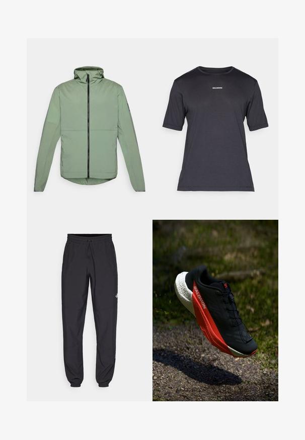 Lichtgroene, gevoerde jas met een ritssluiting aan de voorkant, lange mouwen en een ronde zoom. Gemaakt van een glad, lichtgewicht materiaal.; Zwarte korte mouwen performance t-shirt van ademend materiaal, met een ronde halslijn en een klein wit "SALOMON" logo op de borst.; Zwarte sportieve broek gemaakt van lichtgewicht stof, met een trekkoord in de taille, zijzakken en taps toelopende boorden bij de enkels.; Zwarte hardloopschoenen met rode accentueringen, lichte mesh bovenkant, gestructureerde witte zool en vetersysteem. Ontworpen voor prestaties en comfort.