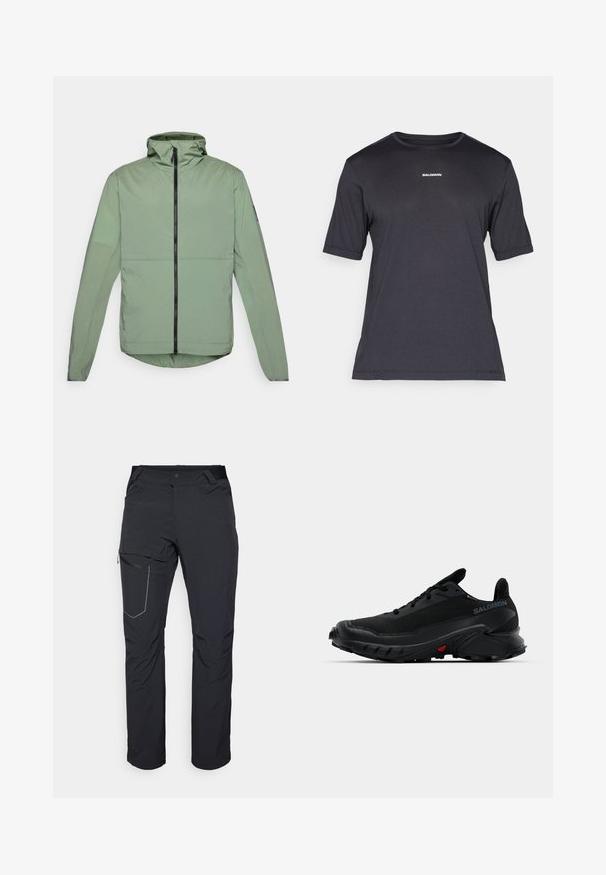 Hele roheline, kapuutsiga jakk, millel on eesneed ja pikad varrukad ning ümar äär. Valmistatud siledast, kergekaalulisest materjalist.; Must have musträtik lühikeste varrukatega, valmistatud hingavast kangast, ümar kaelus ja rinnal väike valge "SALOMON" logo.; Mustad musta värvi välispüksid, millel on tõmblukuga reiepocket, elastne vöökoht ja sile, veekindel kangas. Puhas disain ilma nähtavate logodeta.; Mustad mustes spordijalatsid tekstureeritud pealmise osaga, ümarate varvastega ja silmapaistva kummise alusega. Küljel on logo ning tallal punased detailid.