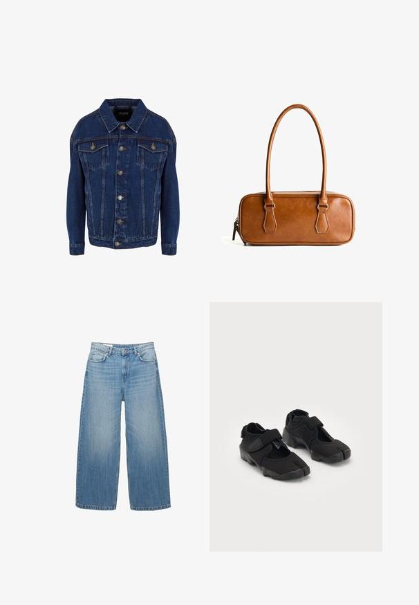 Donkerblauwe denimjas met lange mouwen, knoopsluiting aan de voorkant, twee borstzakken met klep en contrasterende stiksels op een witte achtergrond.; PULL&BEAR Top - white; Lichtblauwe wijde jeans van denim, met een klassieke vijf-pocketontwerp en een knoopsluiting. Verbleekte textuur overal.; Zwarte waterschoenen gemaakt van flexibel materiaal met een klittenbandsluiting, met een unieke gesplitste te ontwerpen en een rubberen zool met textuur voor grip.; Bruine leren handtas met twee lange hengsels, rechthoekige vorm, gladde textuur, ritssluiting en accenten van zilverkleurig beslag.