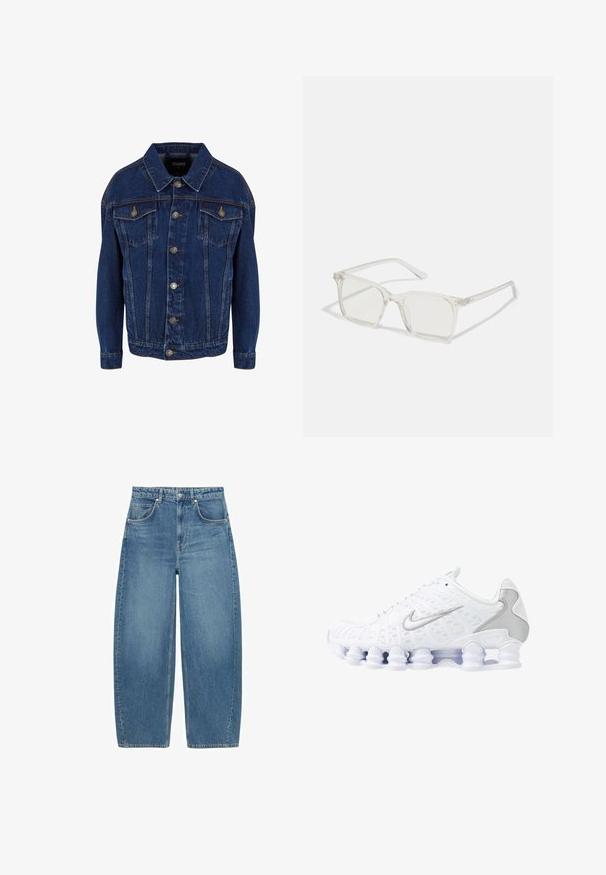 Dark blue denim jacket with long sleeves, button front, two chest flap pockets, and contrast stitching on a white background.; White cotton tank top with wide shoulder straps, a round neckline, and a smooth, ribbed texture. No patterns or accents present.; Blue high-waist wide-leg jeans with front pockets and button closure, displayed flat on a white background.; White athletic shoes with mesh upper, silver accents, and a unique coil sole design. Features padded collar and lace closure for fit.; Clear plastic square-frame glasses with translucent lenses, featuring gold accents on the temples for added detail.; Blue quilted denim shoulder bag with a gold chain strap and a prominent gold logo accent on the front. Compact rectangular shape.