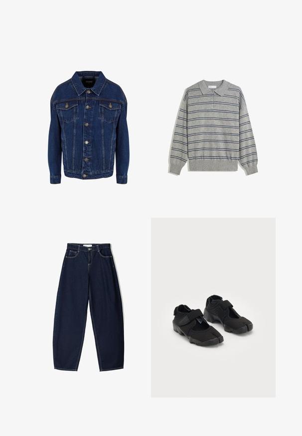 Jachetă din denim de culoare albastru închis, cu mâneci lungi, închidere cu nasturi, două buzunare pe piept cu clapetă și cusături în contrast pe un fundal alb.; Pulover lung cu mâneci lungi de culoare gri, cu guler, prezentând dungi orizontale bleumarin și o închidere cu nasturi la guler. Textură moale.; Pantaloni din denim de culoare albastru închis, cu o croială lejera, având cinci buzunare, cusături contrastante și un închidere cu fermoar la față.; Ciorapi de apă negri, confecționați dintr-un material flexibil, cu o curea Velcro, având un design unic cu degetul mare despărțit și o talpă din cauciuc texturată pentru aderență.