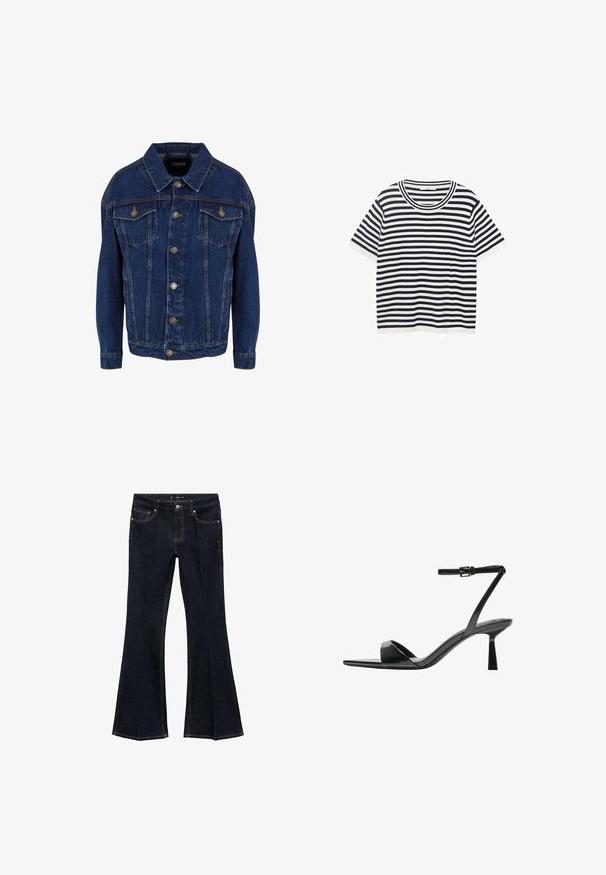 Jachetă din denim de culoare albastru închis, cu mâneci lungi, închidere cu nasturi, două buzunare pe piept cu clapetă și cusături în contrast pe un fundal alb.; Tricou raiat din bumbac cu dungi orizontale bleumarin și albe, are un guler rotund și mâneci scurte. Textură netedă.; Jeansi din denim bleu închis, cu talie înaltă, buzunare frontale și picioare evazate, expuși plat pe un fundal alb.; Bershka Sandale cu toc - black